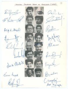 Indian tour of England 1982. Plain sheet of paper, with pen pictures of the players to centre and signed to their image by eighteen members of the touring party including the Assistant manager. Signatures include Gavaskar (Cpt), Kapil Dev, Viswanath, Dosh