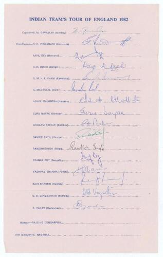 &lsquo;Indian Team&rsquo;s tour of England 1982&rsquo;. Large official autograph sheet with printed title and players&rsquo; names, signed in ink by all sixteen listed playing members of the touring party. Signatures are Gavaskar (Captain), Vishwanath, Kapil Dev, Doshi, Kirmani,