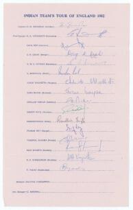 &lsquo;Indian Team&rsquo;s tour of England 1982&rsquo;. Large official autograph sheet with printed title and players&rsquo; names, signed in ink by all sixteen listed playing members of the touring party. Signatures are Gavaskar (Captain), Vishwanath, Kapil Dev, Doshi, Kirmani,