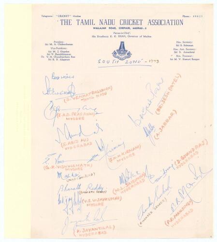 India. South Zone 1973. Official autograph sheet on Tamil Nadu Cricket Association headed page, nicely signed in biro by fifteen members of the East Zone team. Players names annotated in red pencil below the majority. Signatures include Venkataraghavan, P