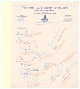 India. South Zone 1973. Official autograph sheet on Tamil Nadu Cricket Association headed page, nicely signed in biro by fifteen members of the East Zone team. Players names annotated in red pencil below the majority. Signatures include Venkataraghavan, P