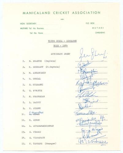 Young India tour of Zimbabwe 1984. Manicaland Cricket Association headed sheet signed by the Young Indian touring party. Fifteen signatures including Shastri (Cpt), Azharuddin, Prasad, Kulkarni, Prabhakar, Rajput, Siddhu, Viswanath etc. The sheet includes