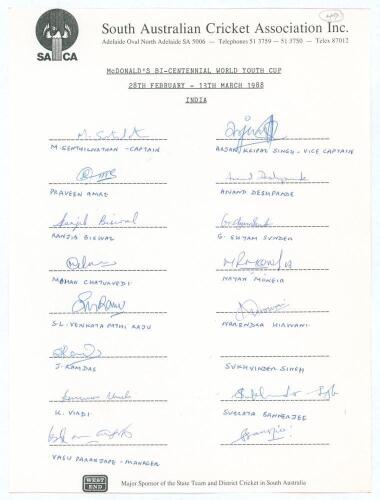 &lsquo;India. Bicentennial World Youth Cup 1988&rsquo;. South Australia Cricket Association headed sheet signed by the Indian youth touring party. Fifteen signatures including Senthilvathan (Cpt), Amre, Bannerjee, Hirwani, Singh Mongia, Raju, Virdi etc. The sheet inc