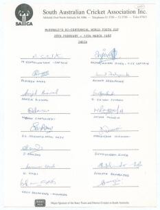 &lsquo;India. Bicentennial World Youth Cup 1988&rsquo;. South Australia Cricket Association headed sheet signed by the Indian youth touring party. Fifteen signatures including Senthilvathan (Cpt), Amre, Bannerjee, Hirwani, Singh Mongia, Raju, Virdi etc. The sheet inc