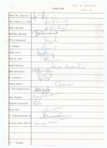 Indian tour of Australia 1985/86. &lsquo;Indian Team&rsquo;. Typed sheet with players printed names to borders signed in ink by eighteen members of the Indian touring party. Signatures include Kapil Dev (Cpt), Shastri, Gavaskar, Amarath, Kirmani, Binny, Axharuddin, S