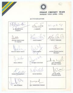 India tour of Sharjah. April 1994. Official autograph sheet with printed titles and players names. Fully signed in ink by all seventeen members of the touring party in ink. Signatures include Azharuddin, Tendulkar, Sidhu, Kumble, Srinath, Mongia, Prasad, 