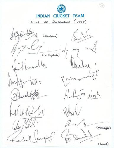 Indian tour of Zimbabwe 1998. Decorative sheet with printed and handwritten title. Signed in ink by sixteen members of the Indian squad including the manager and his assistant. Signatures include Azharuddin (Cpt), Jadeja, Tendulkar, Sidhu, Ganguly, Kumble