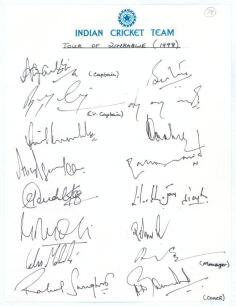 Indian tour of Zimbabwe 1998. Decorative sheet with printed and handwritten title. Signed in ink by sixteen members of the Indian squad including the manager and his assistant. Signatures include Azharuddin (Cpt), Jadeja, Tendulkar, Sidhu, Ganguly, Kumble