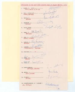 India. East Zone in Duleep Trophy 1971/72. Official autograph sheet with typed title and players&rsquo; names, with teams annotated in red below each name. Signed by fifteen of the sixteen listed players. Signatures are Saxena (Captain), Roy, Bhatia, Chaudhary,