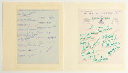 India. Central Zone in Duleep Trophy 1971/72 and 1973/74. Two official autograph sheets, the 1971/72 sheet with handwritten title and players&rsquo; names, fully signed by the fifteen listed playing members of the team, the 1972/73 sheet on Tamil Nadu Cricket A