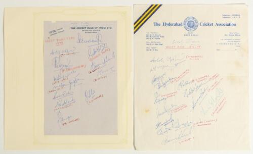 India. West Zone 1973-1975. Two official autograph sheets. One on The Cricket Club of India, Bombay letterhead, dated 1973, signed by twelve West Zone players. The page lightly laid to larger album page. The other is a Hyderabad Cricket Association sheet 