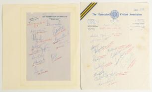 India. West Zone 1973-1975. Two official autograph sheets. One on The Cricket Club of India, Bombay letterhead, dated 1973, signed by twelve West Zone players. The page lightly laid to larger album page. The other is a Hyderabad Cricket Association sheet 