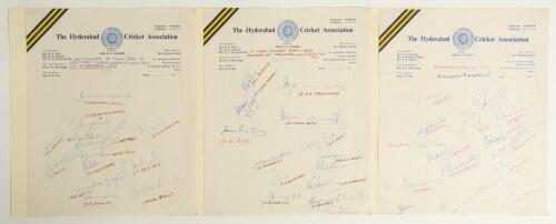 India. Hyderabad Cricket Association Moin-ud-Dowla Gold Cup 1973/74 & 1974/75. Three official Hyderabad C.A. autograph sheets. Two sheets are for the teams who took part in the Gold Cup Final played at Hyderabad 13th- 16th October 1973, State Bank of Indi
