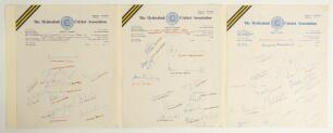 India. Hyderabad Cricket Association Moin-ud-Dowla Gold Cup 1973/74 & 1974/75. Three official Hyderabad C.A. autograph sheets. Two sheets are for the teams who took part in the Gold Cup Final played at Hyderabad 13th- 16th October 1973, State Bank of Indi