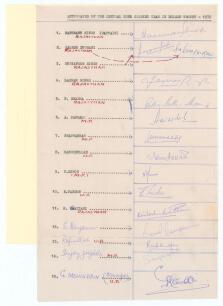 India. Central Zone Team Duleep Trophy 1972. Autograph sheet with typed title and players&rsquo; names fully signed in ink by the fifteen listed players and manager. Signatures include Hanumant Singh (Captain), Durrani, Suryaveer Singh, Laxman Singh, Sharma, Ja