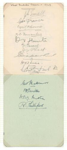 West Indies tour of England 1923. Two album pages signed in ink by fourteen members of the West Indies touring party. Signatures are H.B.G. Austin (Cpt), Challenor, Francis, Ince, Tarilton, Browne, Fernandes, Hunter, Constantine, Dewhurst, Pescall, Small,