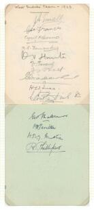 West Indies tour of England 1923. Two album pages signed in ink by fourteen members of the West Indies touring party. Signatures are H.B.G. Austin (Cpt), Challenor, Francis, Ince, Tarilton, Browne, Fernandes, Hunter, Constantine, Dewhurst, Pescall, Small,