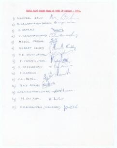 India. Tamil Nadu State Team tour to Ceylon 1975/76. Plain page with typed title and players&rsquo; names listed in ink. Signed in ink by all fifteen listed members of the Tamil Nadu touring party. Signatures are Dalvi, Sundaram, Natraj, Krishnaswamy, Jabbar, R