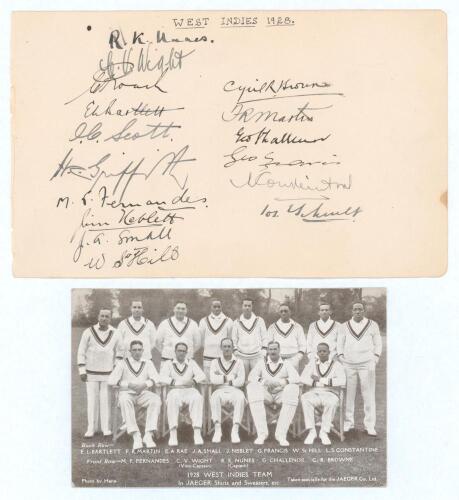 West Indies tour to England 1928. Large album page very nicely signed in ink by sixteen members of the West Indies touring party, obtained by the collector, Laetitia Stapleton (nee Repington). Signatures are Nunes (Captain), Wight, Roach, Bartlett, Scott,