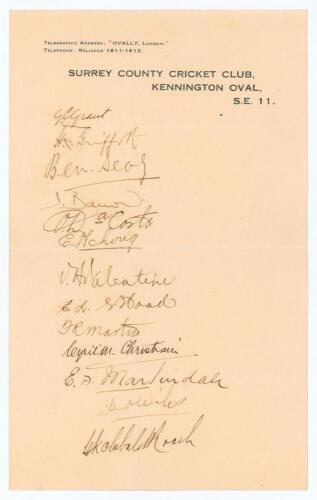 West Indies tour of England 1933. Surrey C.C.C. official headed paper nicely signed in ink by thirteen members of the West Indies touring party to England. Signatures are Grant (Cpt), Griffith, Christiani, Hoad, Wiles, Achong, Hoad, Martin, Valentine, Mar