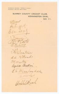 West Indies tour of England 1933. Surrey C.C.C. official headed paper nicely signed in ink by thirteen members of the West Indies touring party to England. Signatures are Grant (Cpt), Griffith, Christiani, Hoad, Wiles, Achong, Hoad, Martin, Valentine, Mar