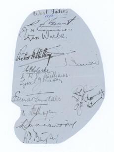West Indies tour to England 1939. Page nicely signed in black ink by fourteen members of the West Indies touring party. Signatures are Grant (Captain), Cameron, Weekes, V. Stollmeyer, Barrow, Clarke, Williams, Johnson, Martindale, J. Stollmeyer, Constanti