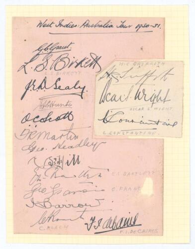 West Indies tour of Australia 1930/31. A small album page, laid down to slightly larger album page with three additional signatures also laid down to side, all nicely signed in ink by the entire West Indies touring party to Australia. The page headed &lsquo;Wes