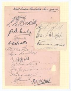 West Indies tour of Australia 1930/31. A small album page, laid down to slightly larger album page with three additional signatures also laid down to side, all nicely signed in ink by the entire West Indies touring party to Australia. The page headed &lsquo;Wes