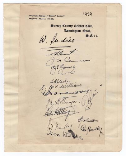 West Indies tour to England 1939. Official autograph sheet on Surrey County Cricket Club letterhead, very nicely signed in black ink by thirteen members of the West Indies touring party. Signatures are Grant (Captain), Cameron, Gomez, Clarke, Williams, Co