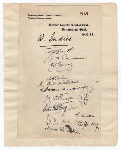 West Indies tour to England 1939. Official autograph sheet on Surrey County Cricket Club letterhead, very nicely signed in black ink by thirteen members of the West Indies touring party. Signatures are Grant (Captain), Cameron, Gomez, Clarke, Williams, Co