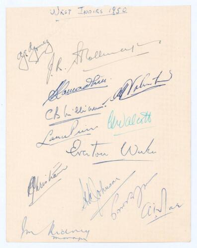 West Indies tour to England 1950. Small page signed in different coloured inks by thirteen members of the West Indies touring party. Signatures include Gomez, Stollmeyer, Ramadhin, Valentine, Williams, Pierre, Walcott, Weekes, Christiani, Johnson, Rae etc