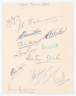 West Indies tour to England 1950. Small page signed in different coloured inks by thirteen members of the West Indies touring party. Signatures include Gomez, Stollmeyer, Ramadhin, Valentine, Williams, Pierre, Walcott, Weekes, Christiani, Johnson, Rae etc