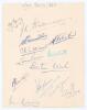 West Indies tour to England 1950. Small page signed in different coloured inks by thirteen members of the West Indies touring party. Signatures include Gomez, Stollmeyer, Ramadhin, Valentine, Williams, Pierre, Walcott, Weekes, Christiani, Johnson, Rae etc