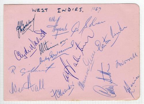 West Indies tour to England 1957. Large album page nicely signed in ink by fifteen members of the West Indies touring party. Signatures are Goddard (Captain), Walcott, Gilchrist, Hall, Asgarali, Atkinson, Ganteaume, Sobers, Valentine, Alexander, Ramadhin,
