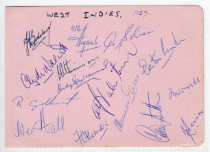 West Indies tour to England 1957. Large album page nicely signed in ink by fifteen members of the West Indies touring party. Signatures are Goddard (Captain), Walcott, Gilchrist, Hall, Asgarali, Atkinson, Ganteaume, Sobers, Valentine, Alexander, Ramadhin,