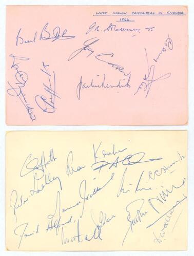 West Indies tour of England 1966. Two album pages signed in ink by all seventeen members of the West Indies touring party. Signatures are Garry Sobers (cpt), Hunte, Allan, Brancker, Butcher, Carew, Cohen, Gibbs, Griffith, Hall, Hendriks, Holford, Kanhai, 