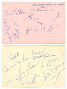 West Indies tour of England 1966. Two album pages signed in ink by all seventeen members of the West Indies touring party. Signatures are Garry Sobers (cpt), Hunte, Allan, Brancker, Butcher, Carew, Cohen, Gibbs, Griffith, Hall, Hendriks, Holford, Kanhai, 