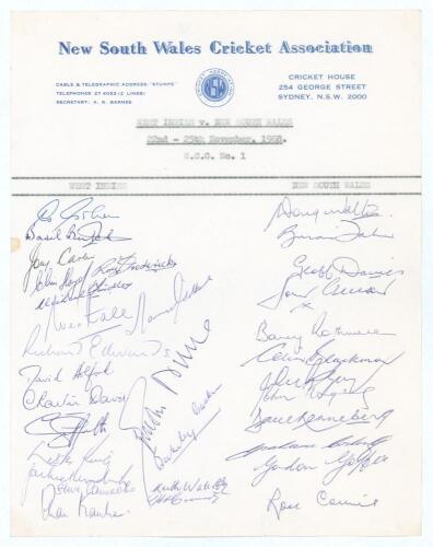 West Indies tour of Australia 1968/69. &lsquo;New South Wales v West Indies 1968. Official New South Wales autograph sheet signed by the two teams, twenty signatures of the West Indies touring party including management and twelve signatures of the New South Wa