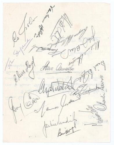 West Indies tour to England 1969. Page signed to the back of a letter from a collector requesting the signatures of the West Indies players. Fully signed by all nineteen members of the touring party. Players&rsquo; signatures are Sobers (Captain), Holder, Sheph