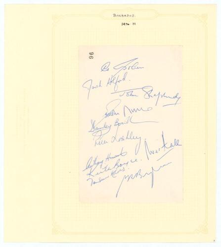 West Indies. Barbados 1970/71. Plain page signed in blue biro by eleven members of the Barbados team corresponding with the match against the touring Indians at the Kensington Oval, Bridgetown 27th- 30th March 1971. Signatures are Sobers (Captain), Holfor