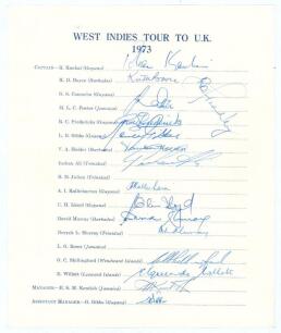 West Indies tour to England 1973. Official autograph sheet with printed title and players&rsquo; names. Nicely signed by sixteen members of the touring party. Players&rsquo; signatures are Kanhai (Captain), Boyce, Foster, Fredericks, Gibbs, Holder, Inshan Ali, Kallic