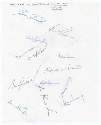 West Indies tour to India, Pakistan & Sri Lanka 1974/75. Large plain page on lightweight paper nicely signed in ink by thirteen members of the West Indies touring party. Signatures are Greenidge, Padmore, Fredericks, Holder, Roberts, Deryck Murray, Willet