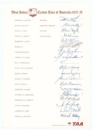 West Indies tour to Australia 1975/76. Rare official autograph sheet with printed title and players&rsquo; names. Nicely signed by eighteen members of the touring party. Signatures are Lloyd (Captain), Deryck Murray, Julien, Inshan Ali, Baichan, Gibbs, Kallicha