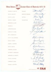 West Indies tour to Australia 1975/76. Rare official autograph sheet with printed title and players&rsquo; names. Nicely signed by eighteen members of the touring party. Signatures are Lloyd (Captain), Deryck Murray, Julien, Inshan Ali, Baichan, Gibbs, Kallicha