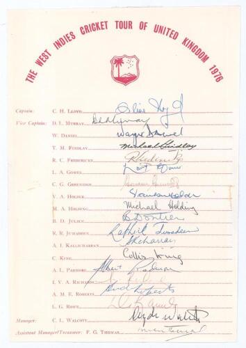 West Indies 1976. Official autograph sheet for the West Indies tour of the United Kingdom 1976. Signed in ink by all nineteen members of the party including management. Signatures include Lloyd, Kallicharran, Greenidge, Holding, King, Richards, Roberts, R
