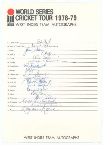 &lsquo;World Series Cricket Tour 1978-79. West Indies Team Autographs&rsquo;. Rarer official autograph sheet fully signed in ink by the eighteen listed members of the West Indies team. Signatures are Lloyd (Captain), Murray, Allen, Austin, Croft, Daniel, Fredericks, 