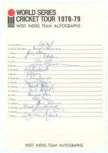 &lsquo;World Series Cricket Tour 1978-79. West Indies Team Autographs&rsquo;. Rarer official autograph sheet fully signed in ink by the eighteen listed members of the West Indies team. Signatures are Lloyd (Captain), Murray, Allen, Austin, Croft, Daniel, Fredericks, 