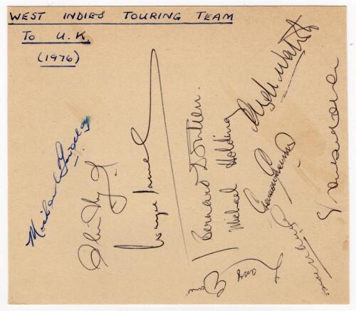 West Indies tour to England and Leicestershire 1976. Two album pages nicely and fully signed in ink by all nineteen members of the West Indies touring party. Signatures are Lloyd (Captain), Findlay, Daniel, Julien, Holding, Greenidge, Gomes, Holder, Murra