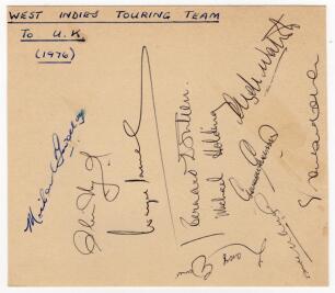 West Indies tour to England and Leicestershire 1976. Two album pages nicely and fully signed in ink by all nineteen members of the West Indies touring party. Signatures are Lloyd (Captain), Findlay, Daniel, Julien, Holding, Greenidge, Gomes, Holder, Murra