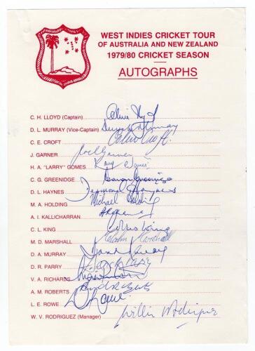 West Indies tour to Australia & New Zealand 1979/80. Official autograph sheet with printed title and players&rsquo; names, nicely and fully signed by all seventeen listed members of the touring party. Signatures are Lloyd (Captain), Deryck Murray, Croft, Garner